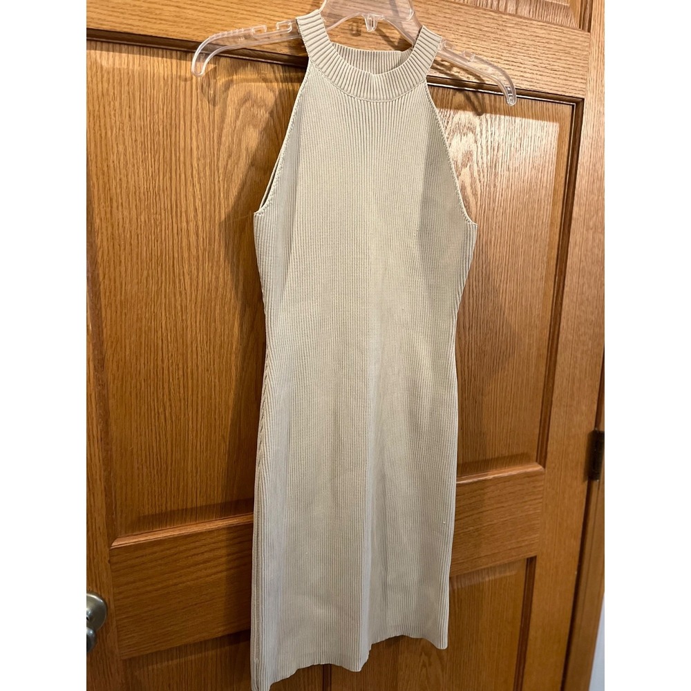90s Minimalist Clean Girl Quiet Luxury Beige Halter Ribbed Knit Bodycon Dress M - Picture 2 of 8